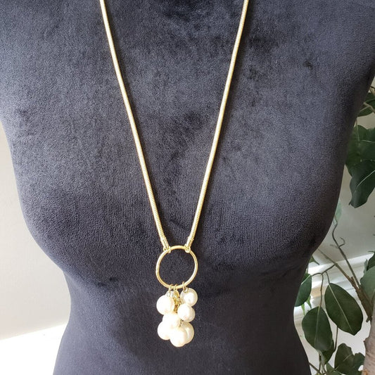 Womens Gold Snake Chain Circles Charm Pearls Pendant Necklace with Lobster Clasp