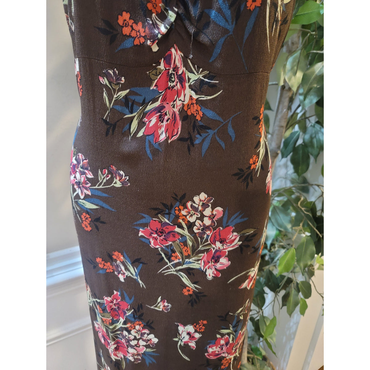 Old Navy Midi Dress Womens 20 Brown Kitri Floral Ruched V-Neck Sleeveless Casual