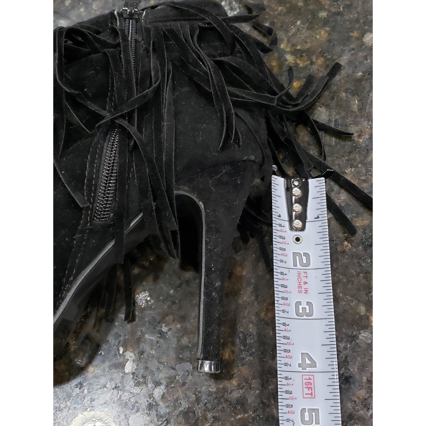 Forever Fringe Booties Women's 7.5 Black Suede Round Toe Stiletto Heel Side Zip