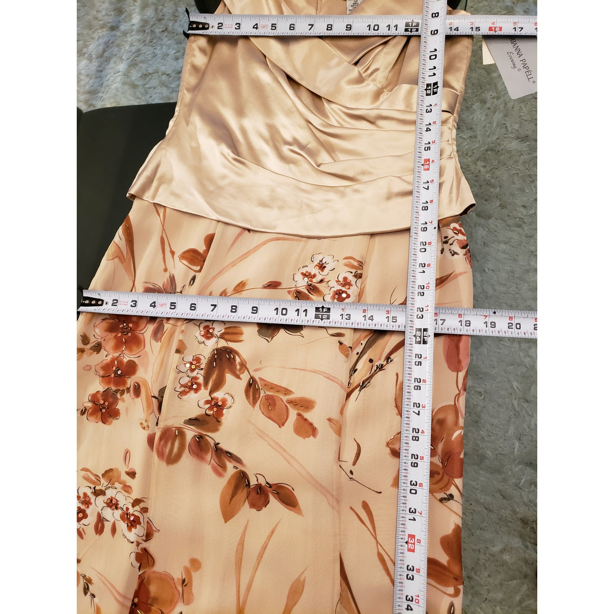 Adrianna Papell Evening Maxi Dress Women's 6 Beige Silk Beaded Floral Back Zip