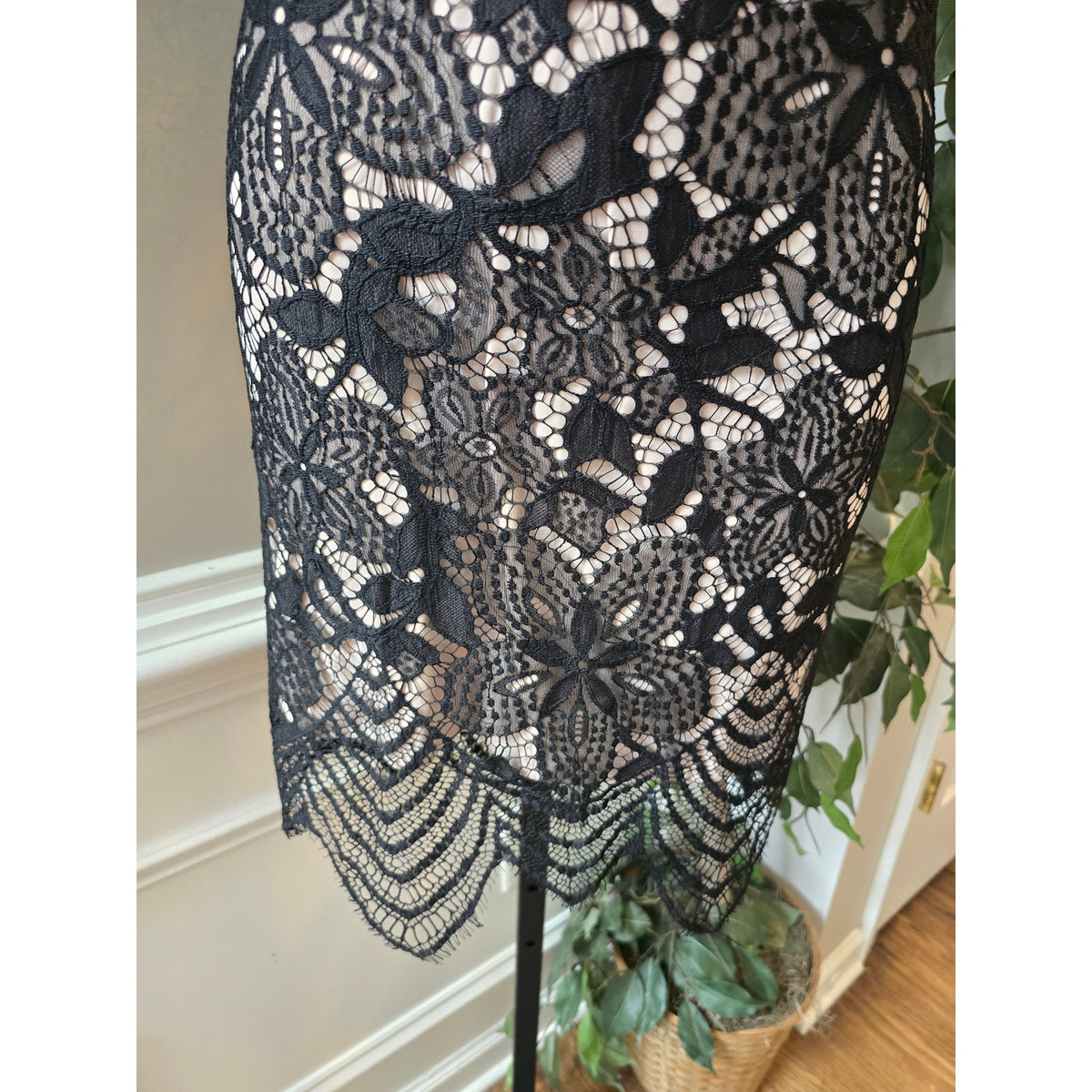 Express Sheath Dress Women's Small Black/Beige Floral Overlay Lace Back Keyhole
