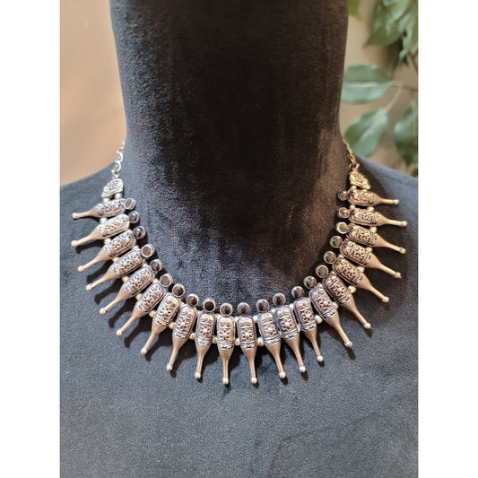 Women's Oxidized Silver Tribal Necklace With Floral Charms Adjustable Hook Lock