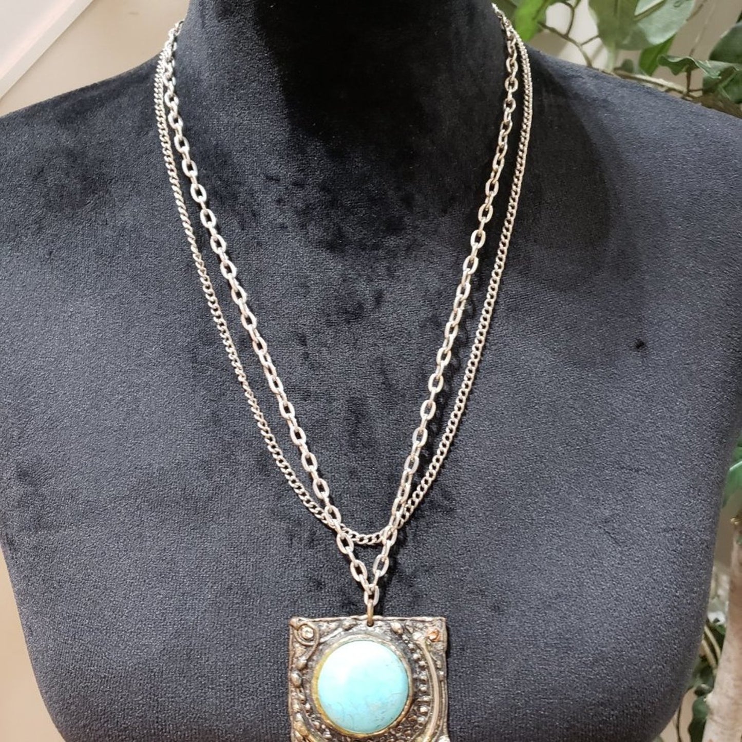 Vintage Silver Chain Brooch Pendant Fringe Pearl Turquoise Necklace