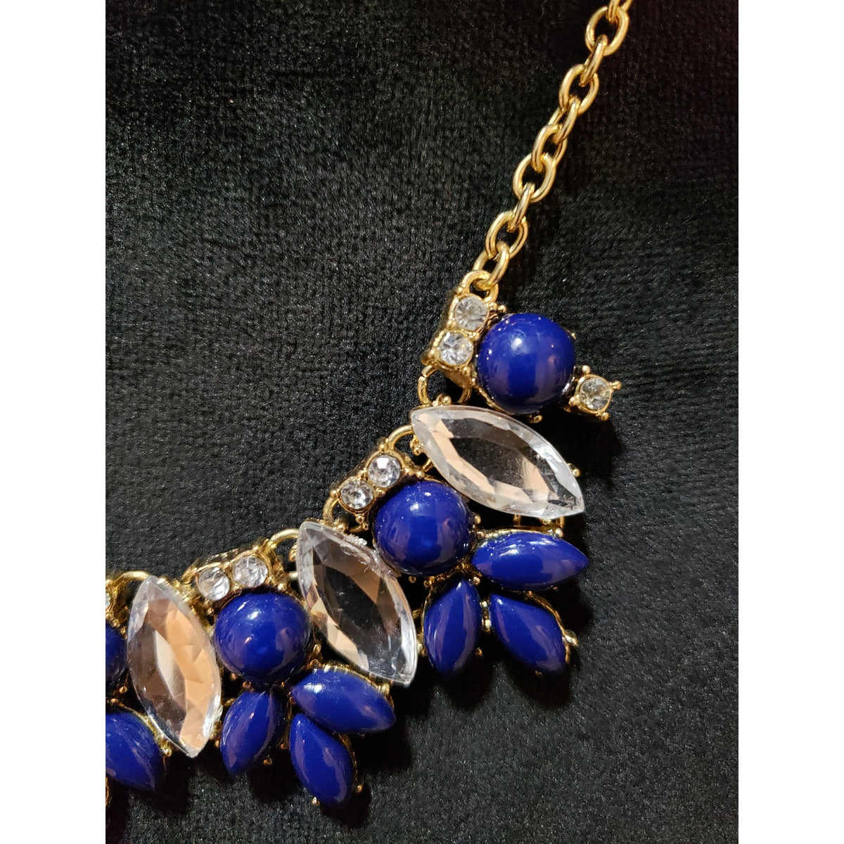 Womens Gold Tone Rhinestone Blue Crystal Acrylic Geo Statement Necklace Jewelry