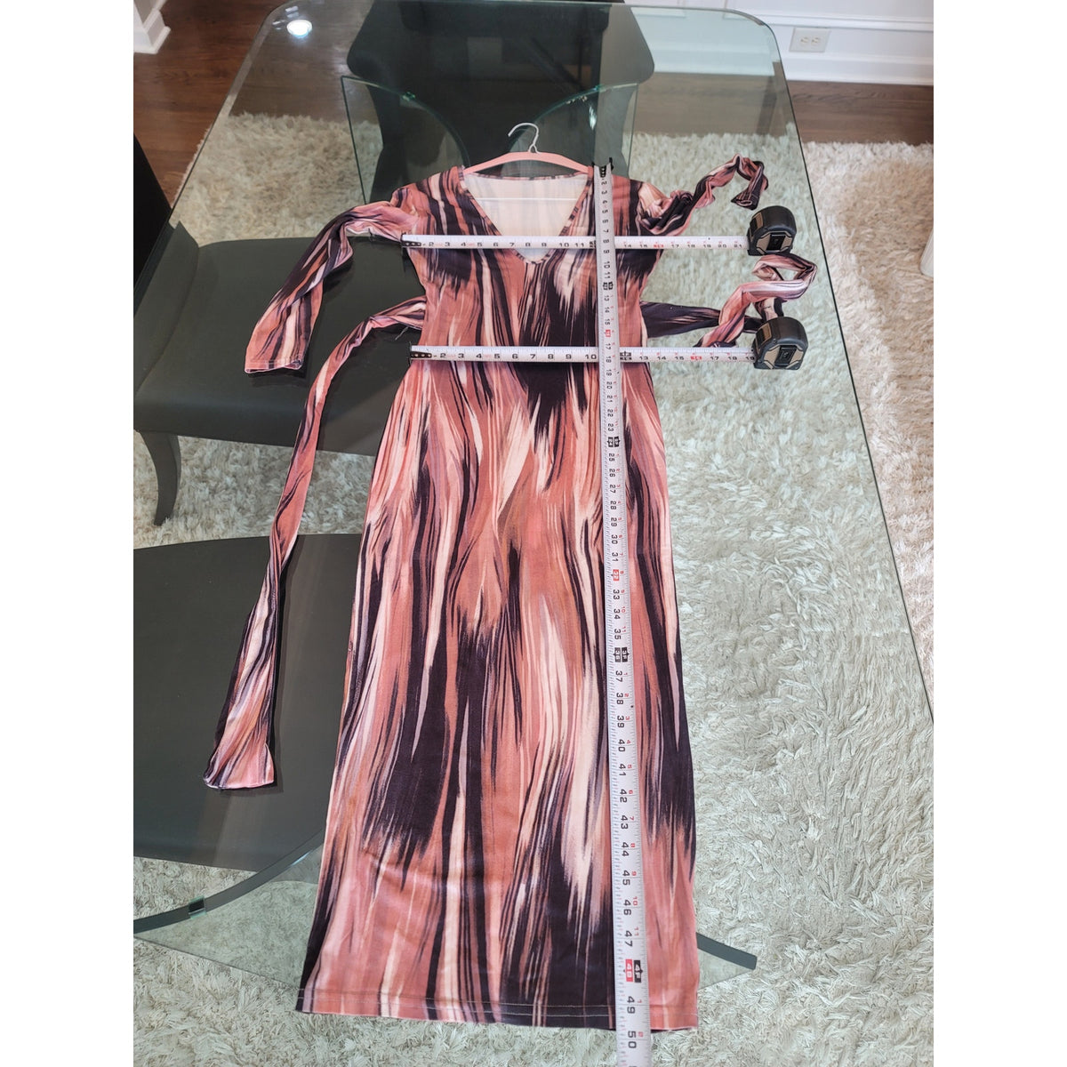 Printed Midi Dress Women's Size Small Navy Pink Polyester V Neck Long Sleeves