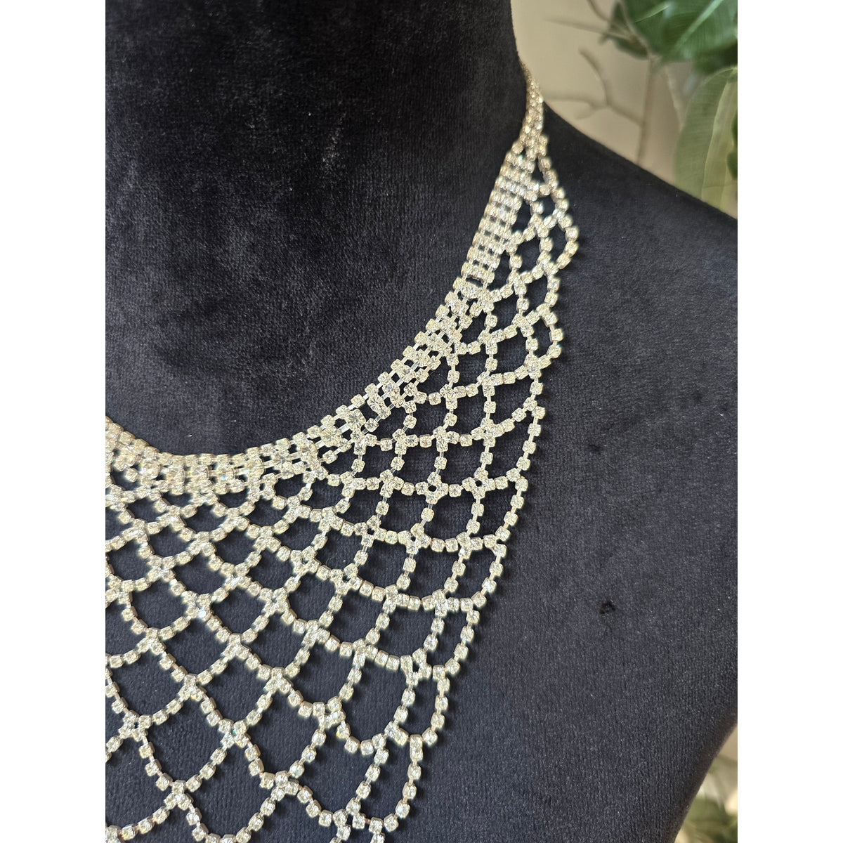 Silver Rhinestone Crystal Draped Bib Necklace Earrings Set Bridal Formal