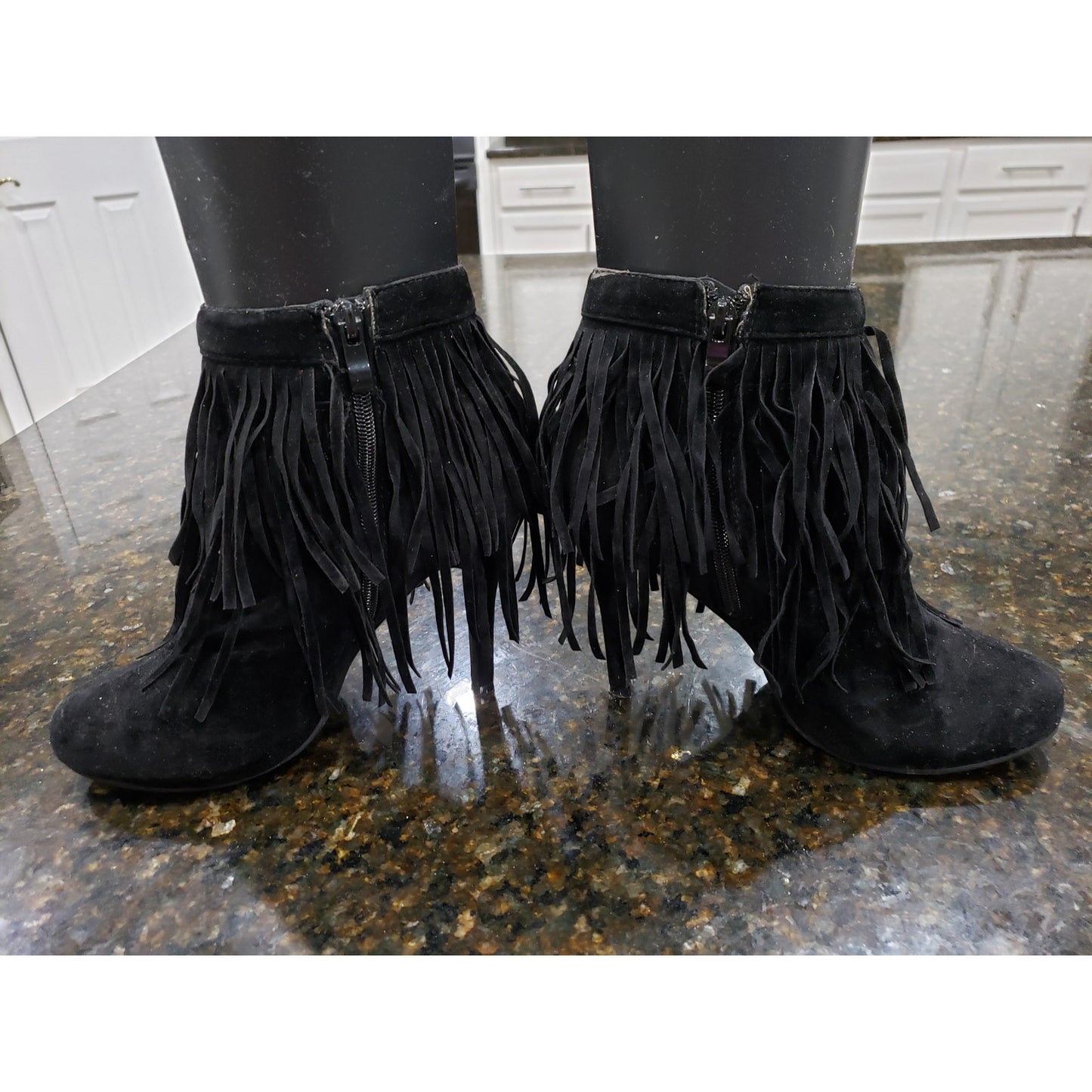 Forever Fringe Booties Women's 7.5 Black Suede Round Toe Stiletto Heel Side Zip