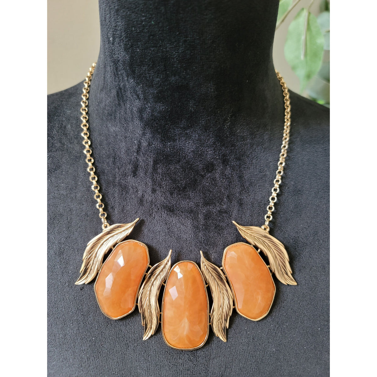 Women Gold Chain Statement Necklace With Orange Gemstones And Lobster Clasp Lock