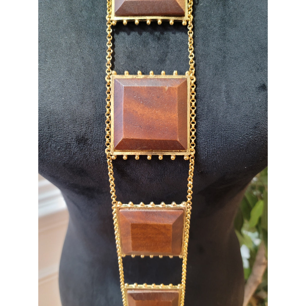 Women's Gold Chain Necklace with Wooden Square Pendants and Beaded Detail