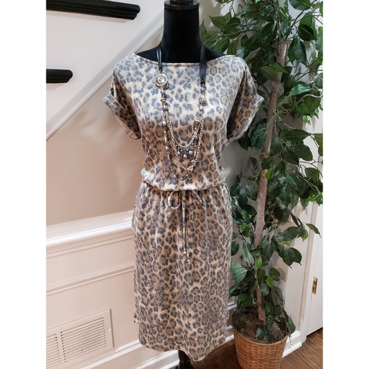 Chris & Carol Womens Brown Leopard Print Tie Waist Boat Neck Sheath Dress Size L