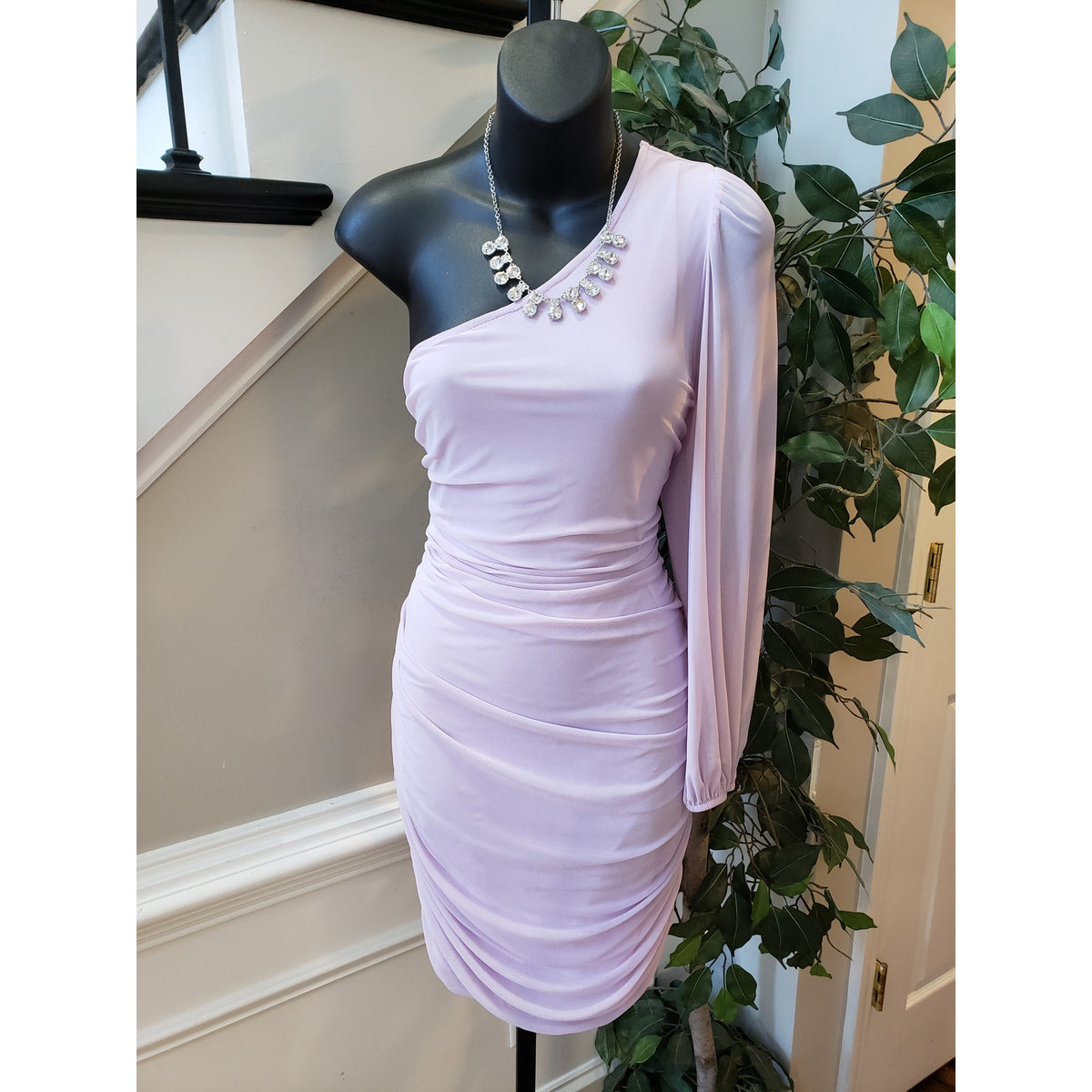 SHEIN Bodycon Dress Womens 12 Lavender Lantern Sleeve One Shoulder Ruched