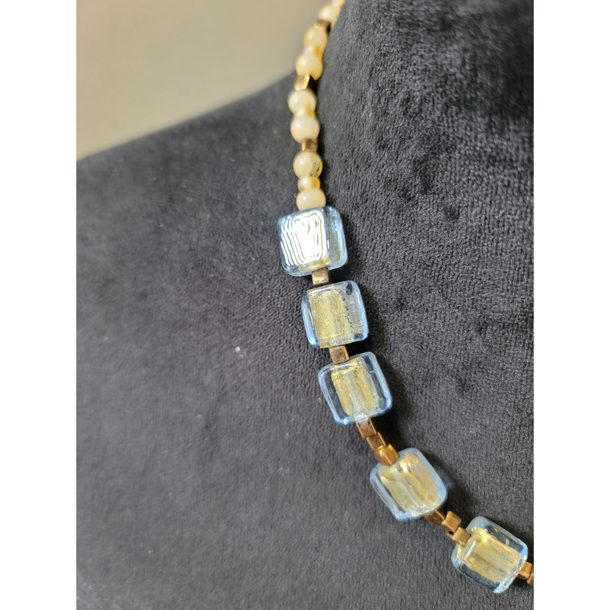 Women's Blue And Gold Glass Beaded Necklace With Barrel Screw Clasp Lock