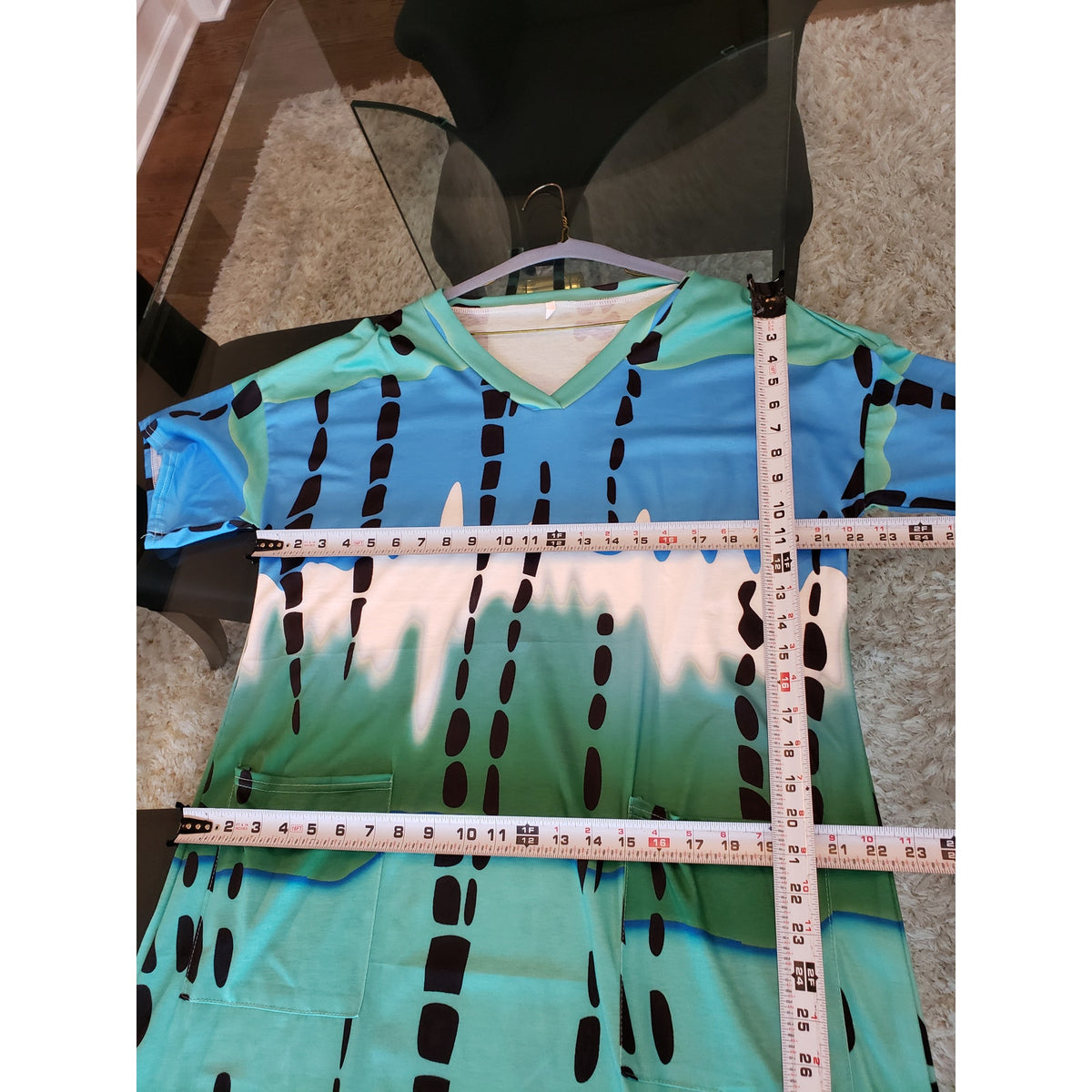 Abstract Tunic Dress Women Size XL Blue Green Short Sleeve V Neck Pockets Casual