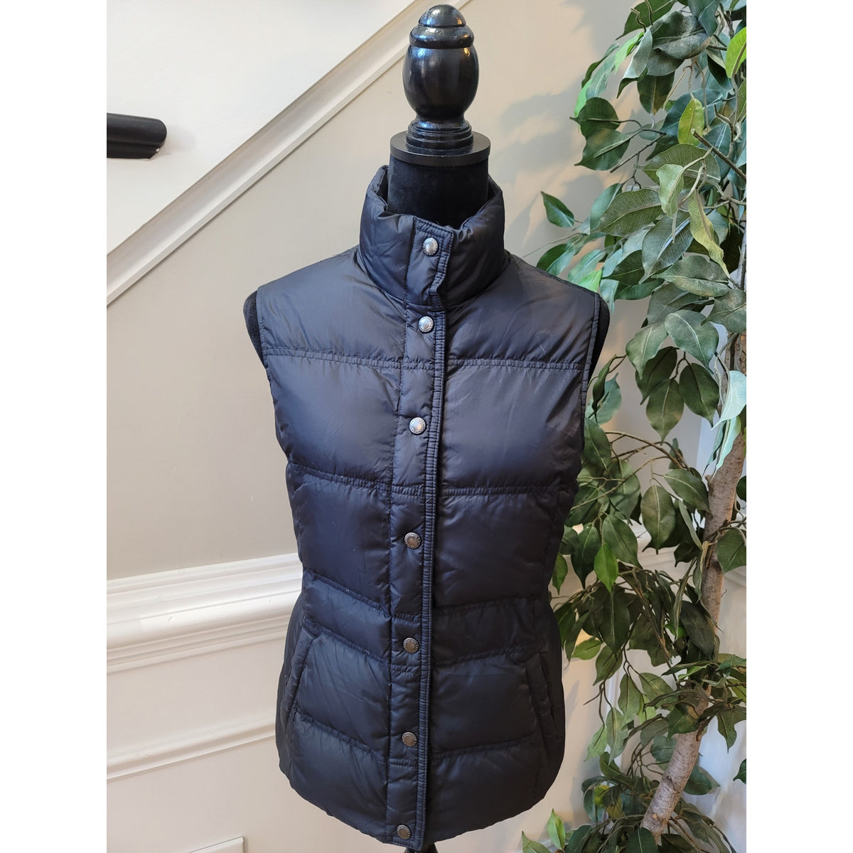 Lands' End Puffer Vest Women's Small Black Button Up Front Mock Neck Sleeveless