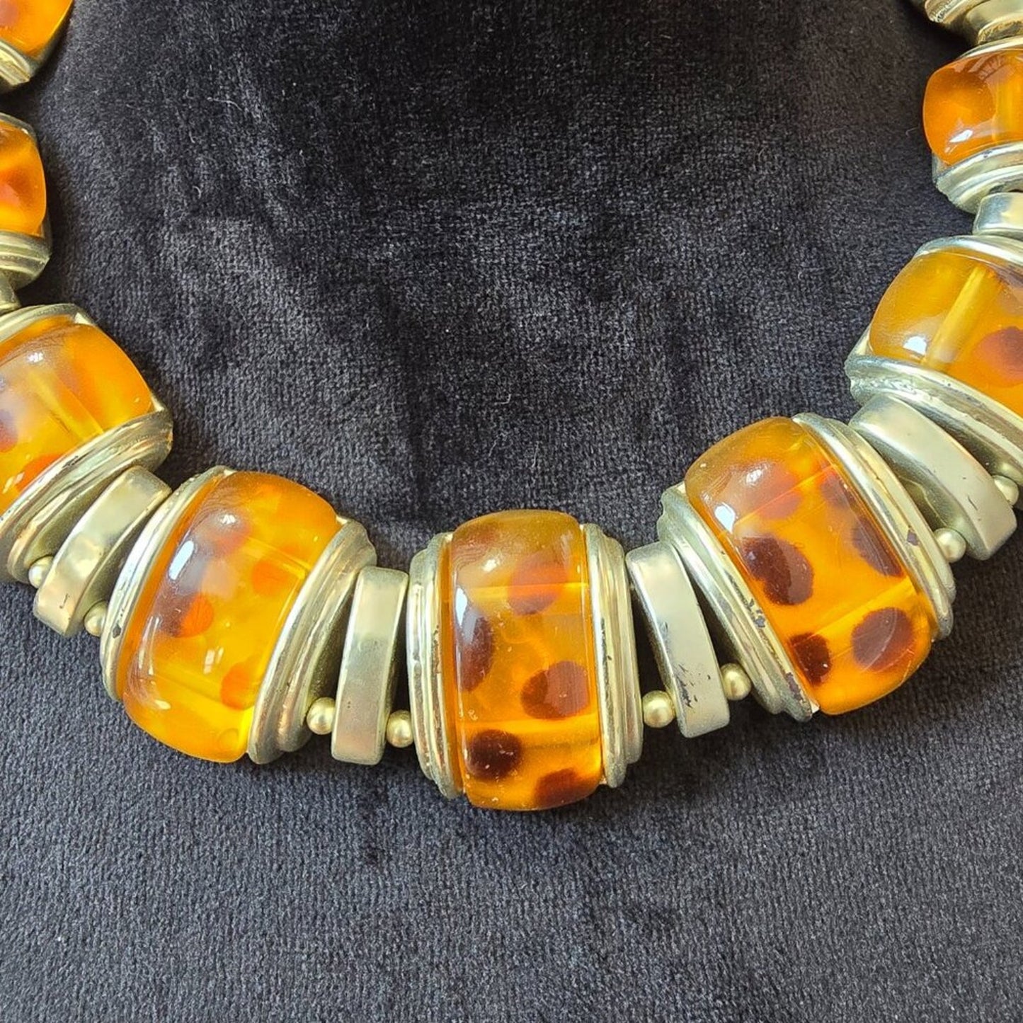 Womens Fashion Amber Molded Acrylic Silver Tone Necklace with Lobster Clasp