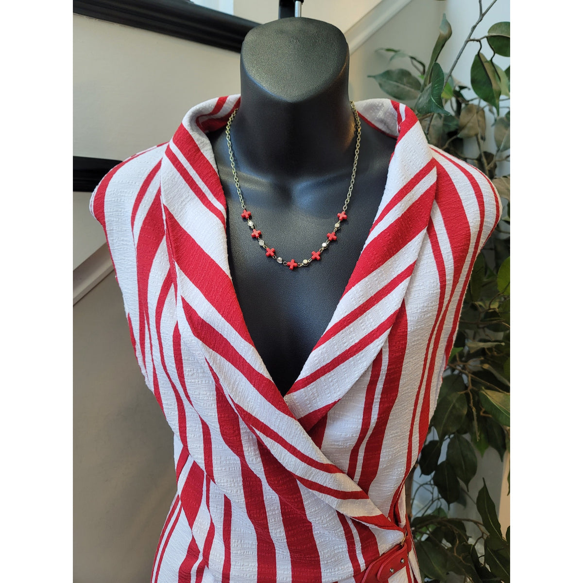 Ashley Stewart Maxi Dress Womens 22 Red White Striped Shawl Lapel Party/Cocktail