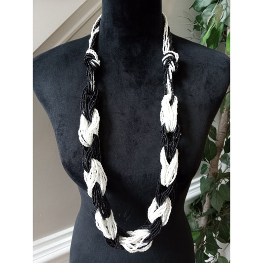 Black & White Twisted Multi Strand Seed Bead Necklace Chunky Rope Statement