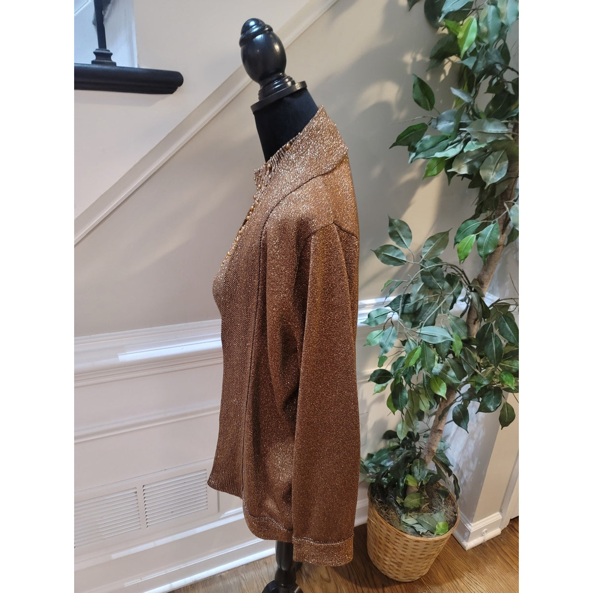Investment 2 Pc Cardigan Sweater Women Medium Brown Ribbed Back Zipper Mock Neck