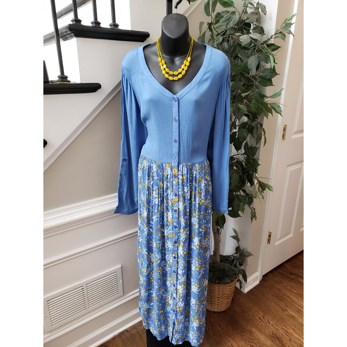 Woman Within Maxi Dress Womens 22W Blue Floral Rayon Long Sleeve Boho Style