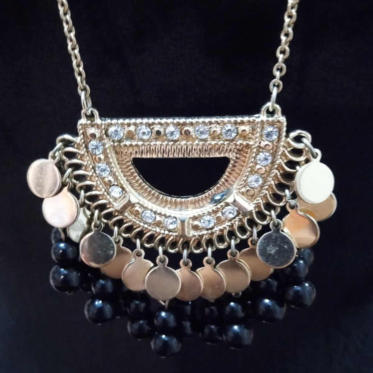 Women Fashion Elegant Black & Clear Rhinestone Beads Gold Tone Pendant Necklace