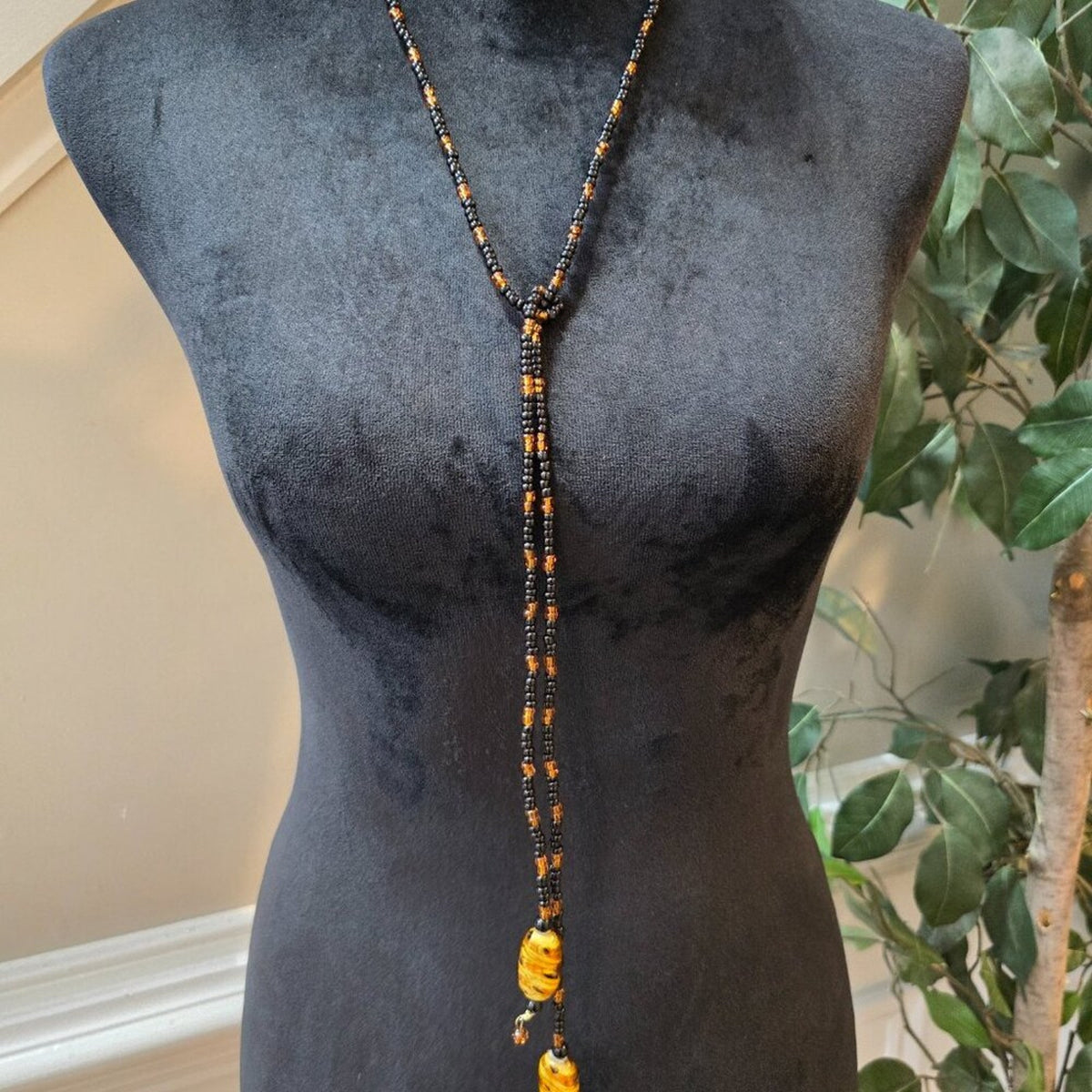 Womens Black Glass Seed & Baltic Amber Beads Adjustable Hallie Lariat Necklace