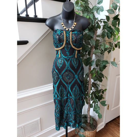 Fashion Nova Midi Dress Womens L Black Green Embroidered Off The Shoulder