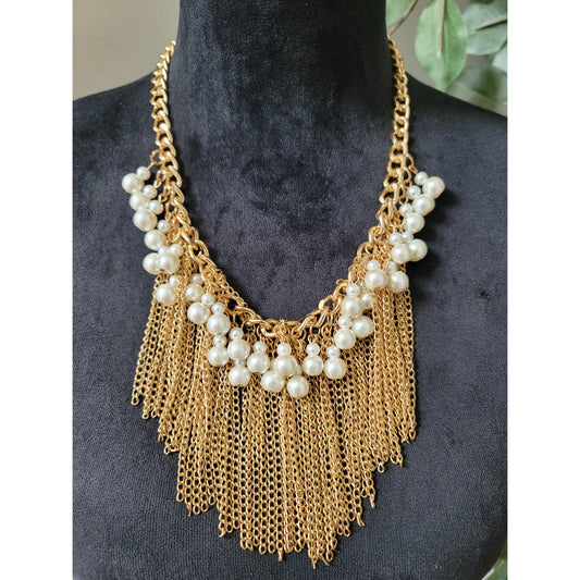 Women's Gold Chain Necklace With Pearl Beads And Fringe Tassels Lobster Clasp