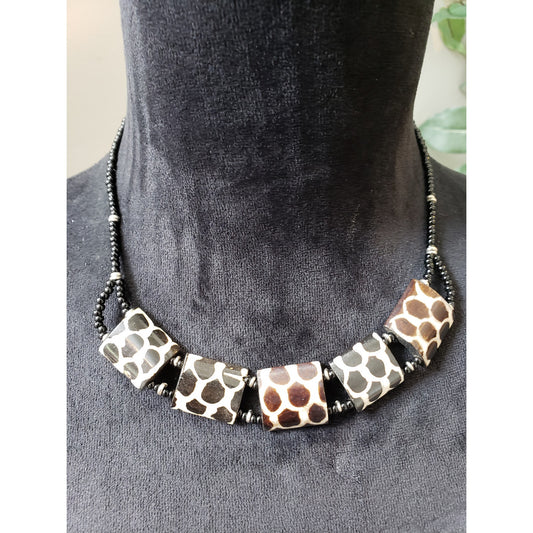 Women's Tribal Beaded Necklace Square Animal Print Beads Magnetic Clasp