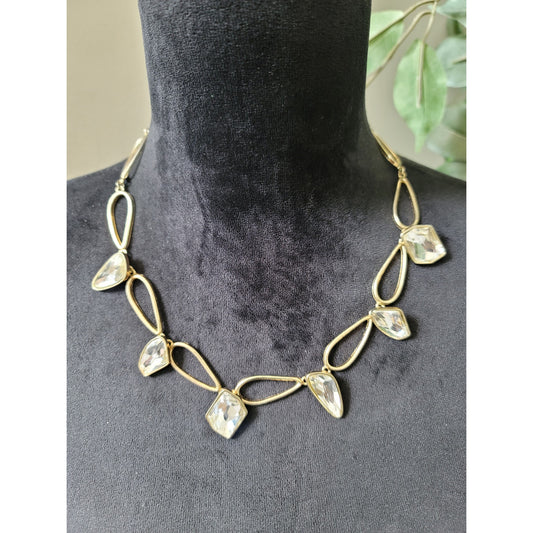 Women's Gold Link Necklace With Clear Crystal Stones And Lobster Claw Locks