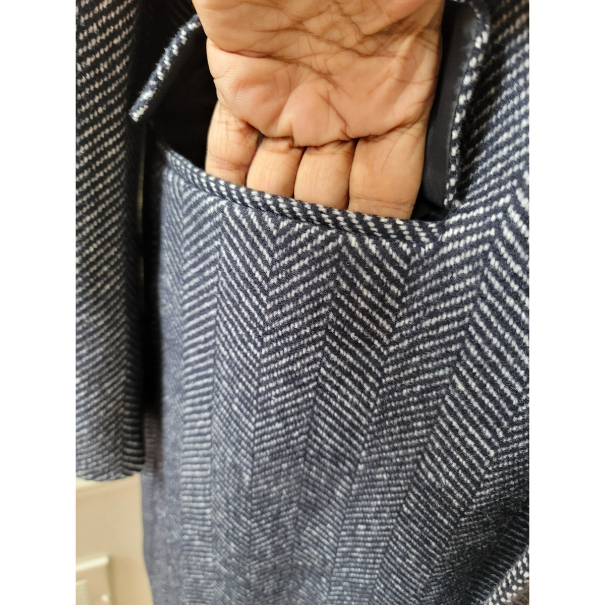 Brave Man Overcoat Men's Medium Navy Polyester Blend Herringbone Two Pockets
