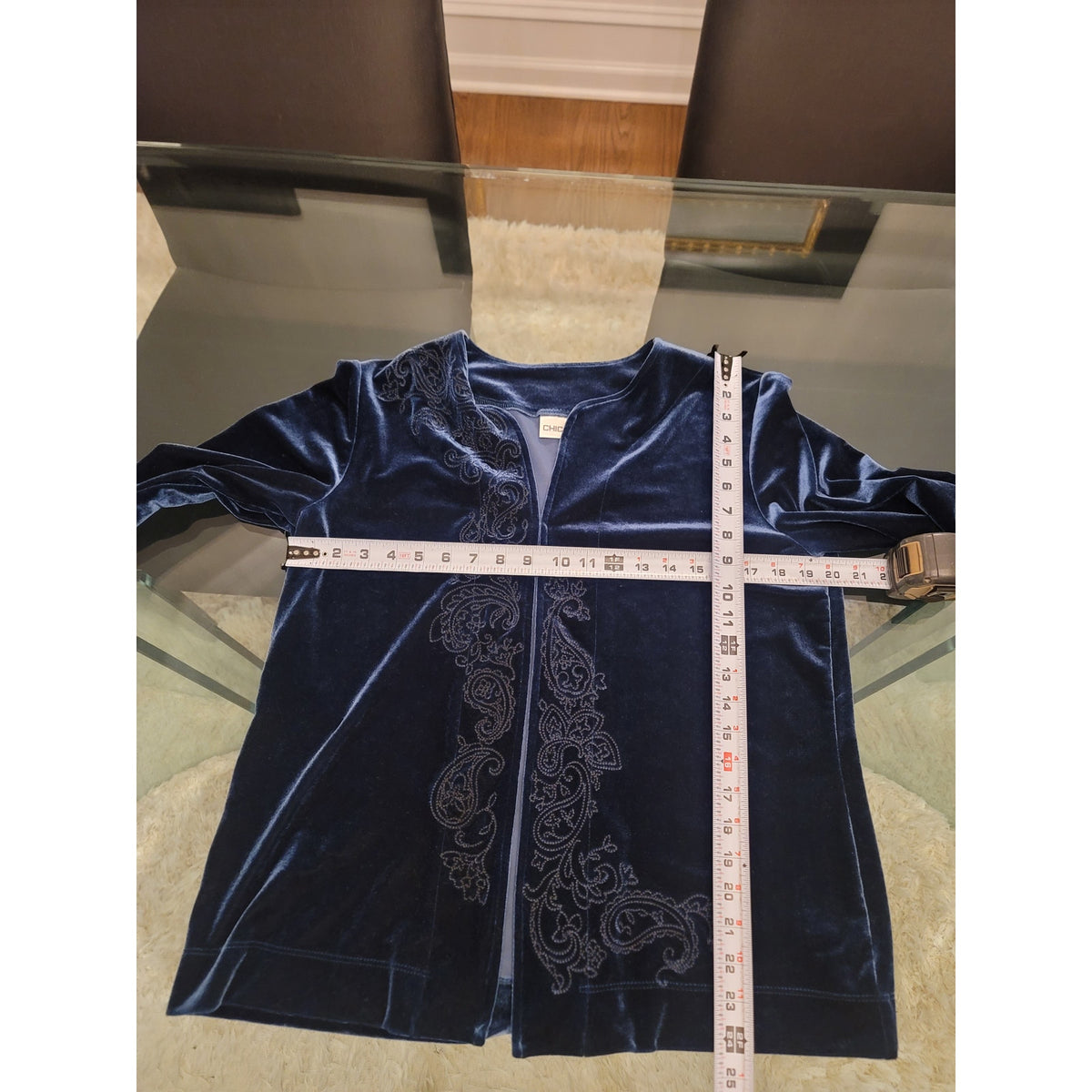 Chicos 2 Pc Cardigan Sweater Women SZ 2 Dark Blue Paisley Scoop Neck Long Sleeve
