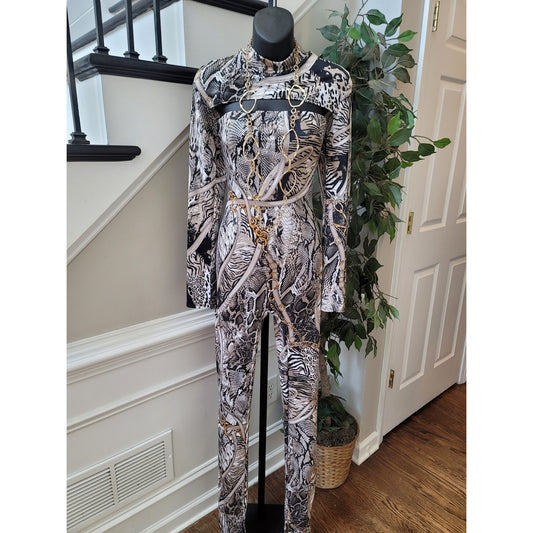 Belita Collection Snake Print Chain Design Jumpsuit Women's Large Multicolor