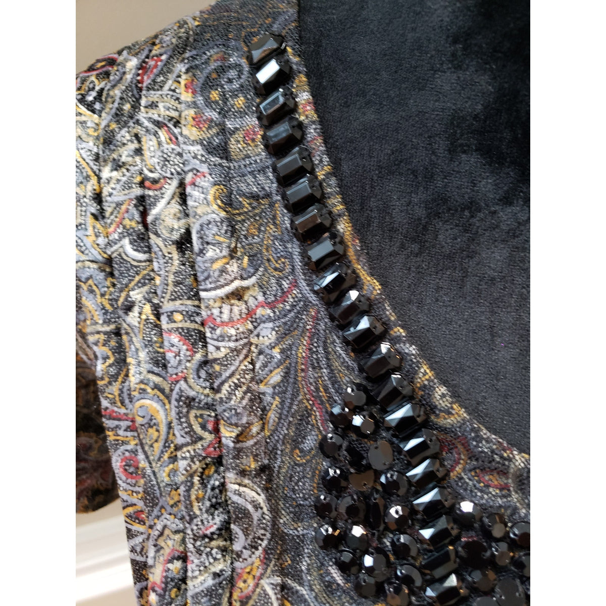 Crea Mure Dress Women Size 8 Brown Paisley Velvet Beaded Neck Boho Short Sleeve