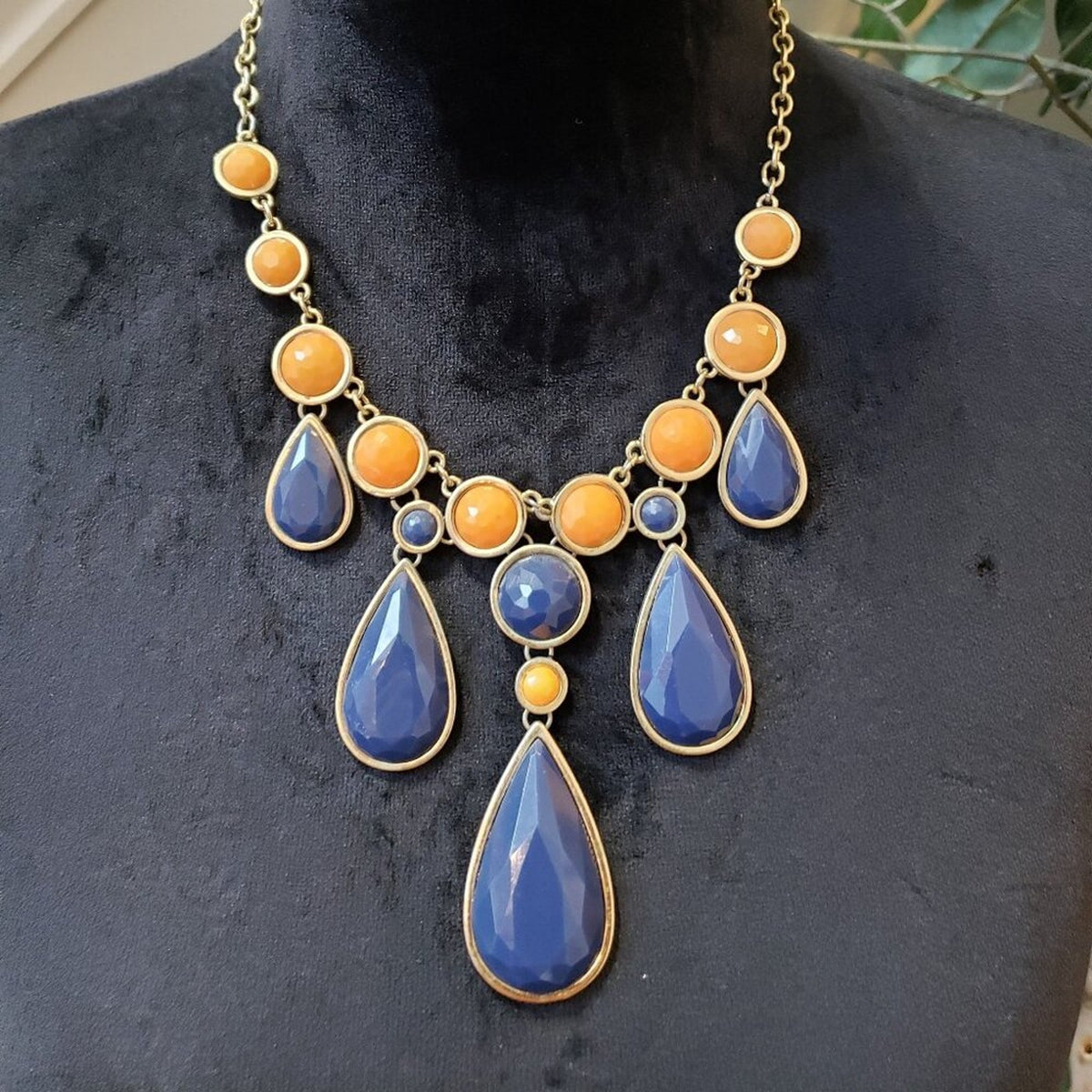 Womens Fashion Yellow Blue Teardrop Beaded Necklace Jewelry with Lobster Clasp