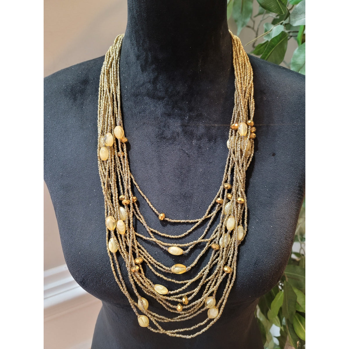 Vintage Gold Multi Strand Beaded Statement Necklace Boho Layered Retro Women's