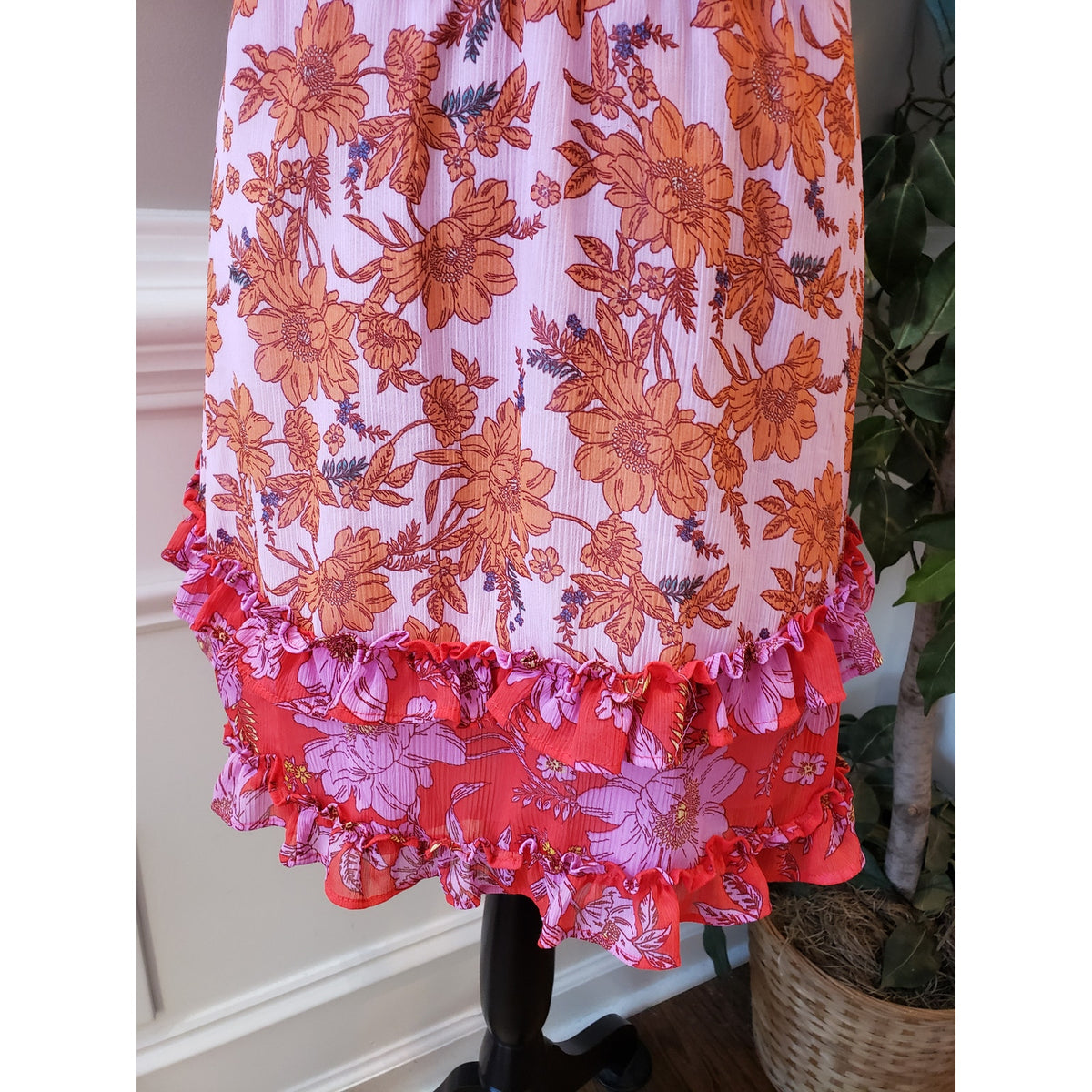 Jessica Simpson Mini Dress Women M Pink Orange Floral Ruffle Off The Shoulder