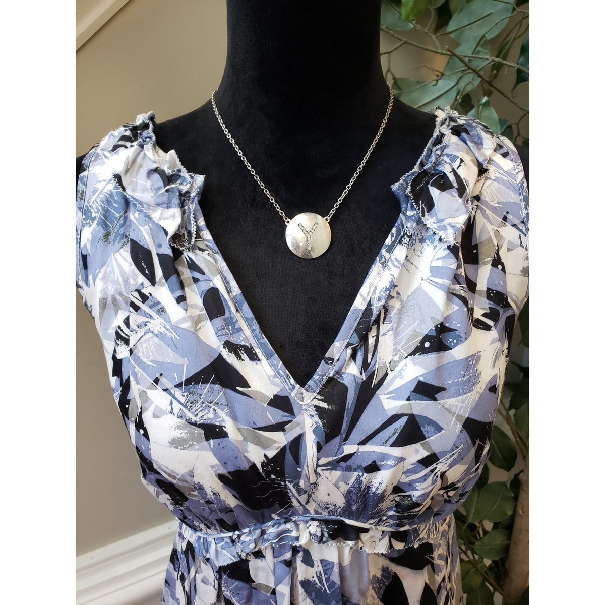Alfani Fit & Flare Dress Womens Petite 10 Blue Ruffle Cotton Sleeveless V Neck