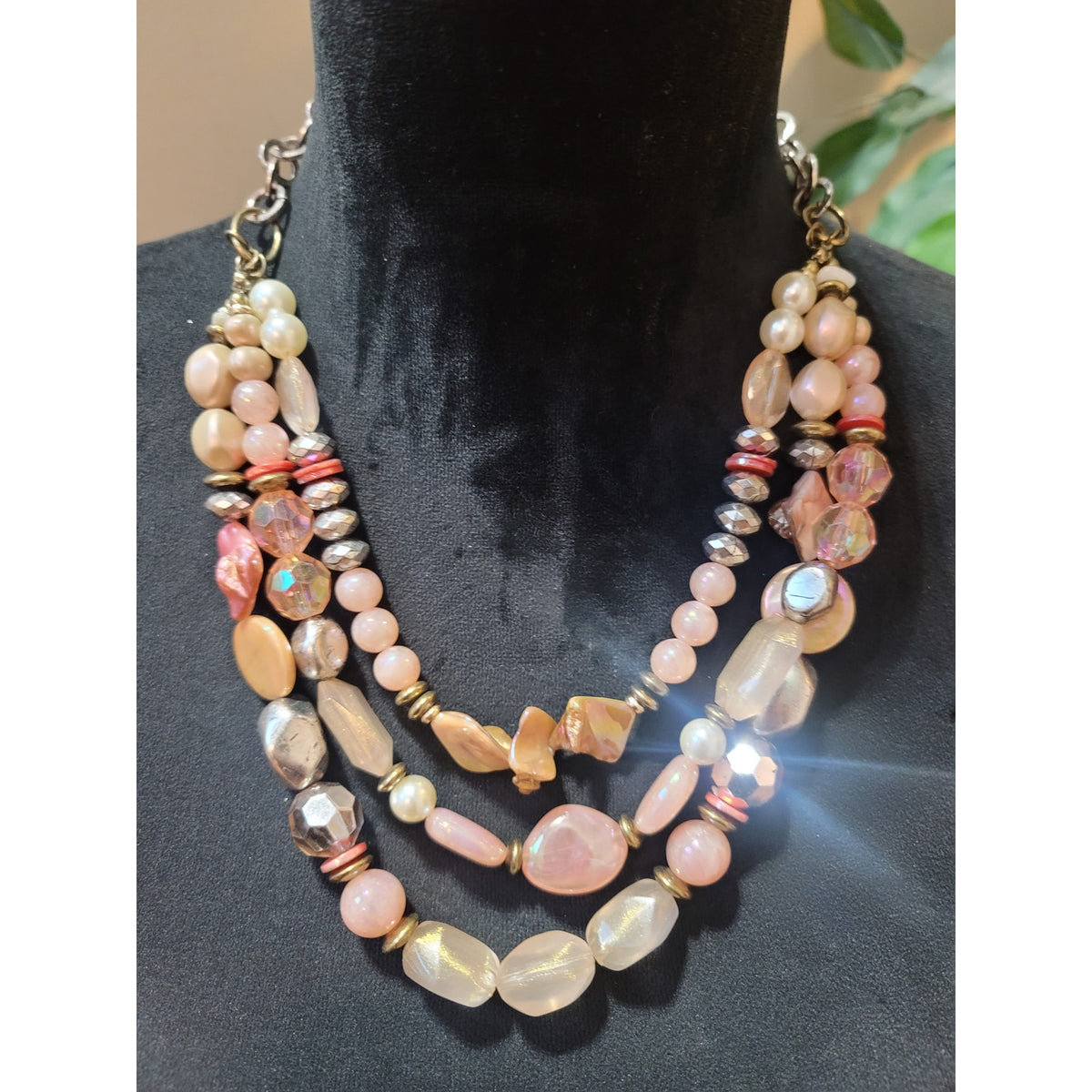 Ruby Rd. Women Pink Beaded Statement Necklace Multi Strand Silver Tone Jewelry