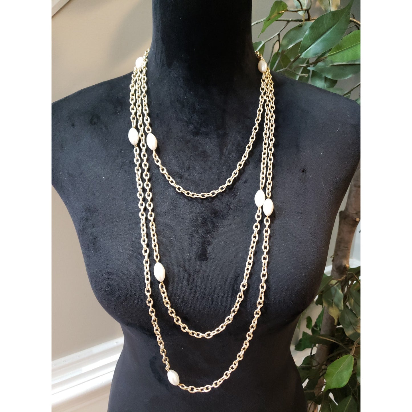 Women Gold Pearl Beaded Chain Necklace Long Layered Elegant Fashion Jewelry