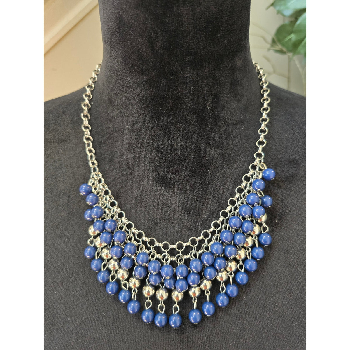 Blue Silver Tone Multi Strand Beaded Fringe Bib Statement Necklace