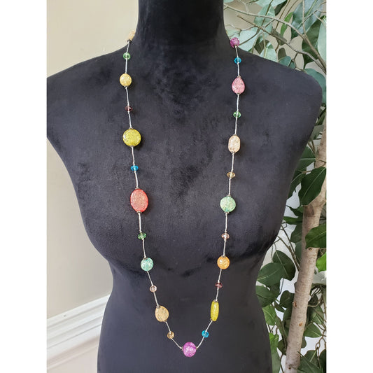 Womens Colorful Glass Beads Station Long Necklace Jewelry with Lobster Clasp
