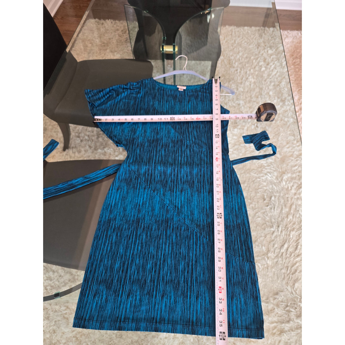 Worthington Stretch Dress Womens Small Blue/Black Space-Dye Waist-Tie One Sleeve