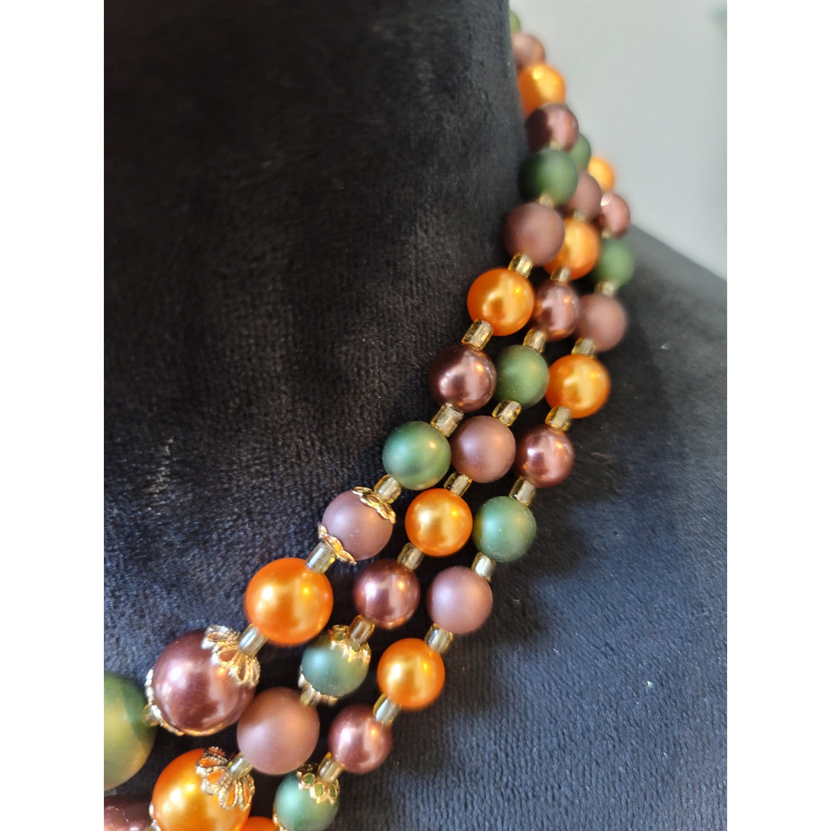 Women's Triple Strand Bead Necklace With Adjustable Hook Clasp Fall Colors