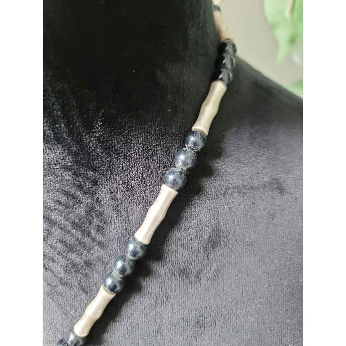 Women's Black Beaded Necklace With Round Silver Pendant And Lobster Clasp Lock