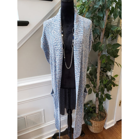 CAbi Cardigan Sweater Women's M Blue Chunky Knit Cotton Cap Sleeve Open Front