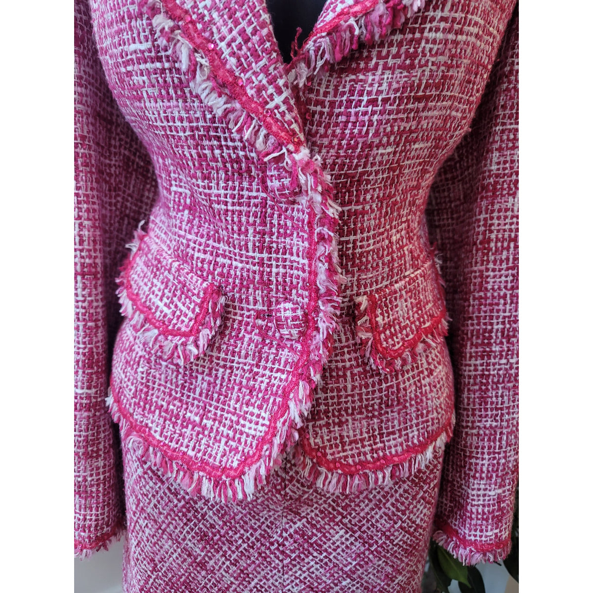 I.C.E. Skirt Suit Set Women's SZ 10 Pink Long Sleeve Blazer Front Pocket Lined