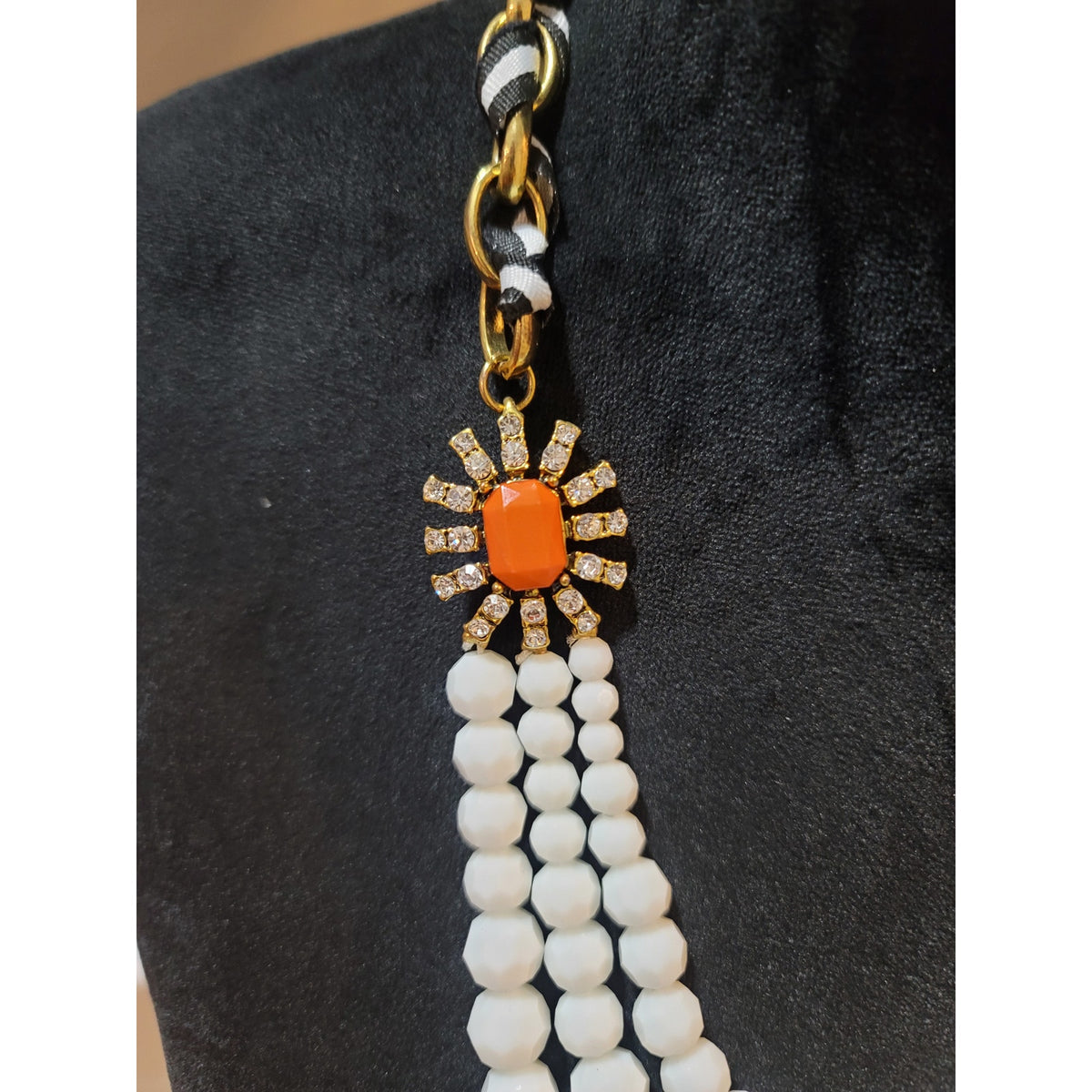 Plunder Orange White Beaded Necklace, Bracelet Earrings Set Statement Jewelry