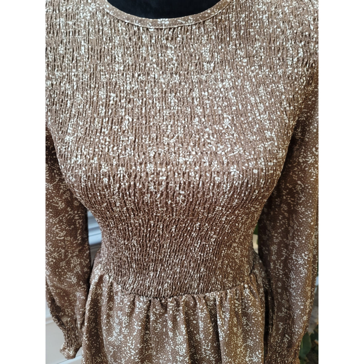 Fashion Peplum Blouse S Brown Floral Polka Dot Shirred Bodice Crew Smocked Party