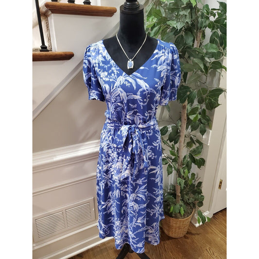 Talbots Women's Blue Floral Polyester V-Neck Short Sleeve Knee Length Dress 2