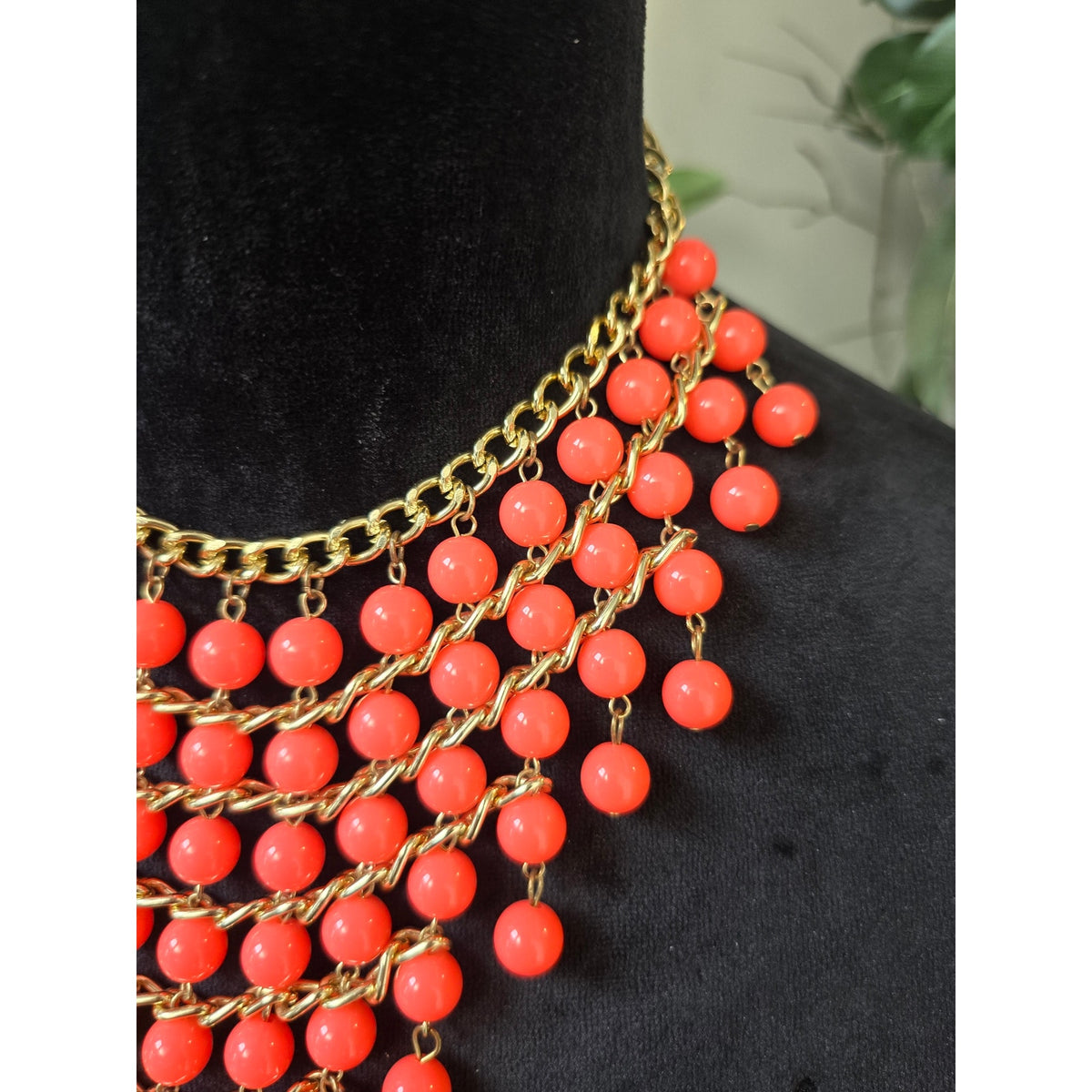 Orange Gold Multi Strand Beaded Statement Necklace